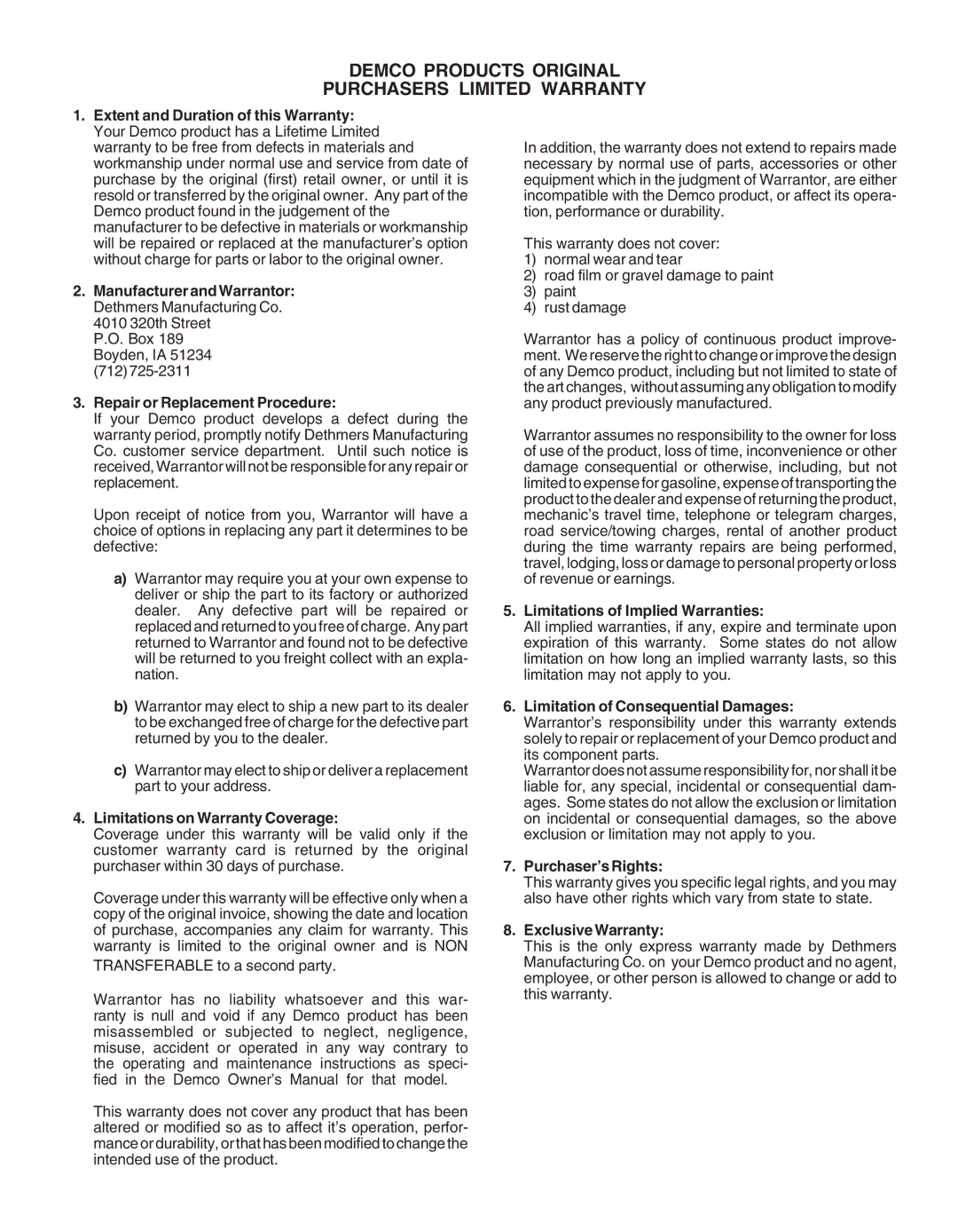 Demco TP20094 specifications Demco Products Original Purchasers Limited Warranty, Repair or Replacement Procedure 