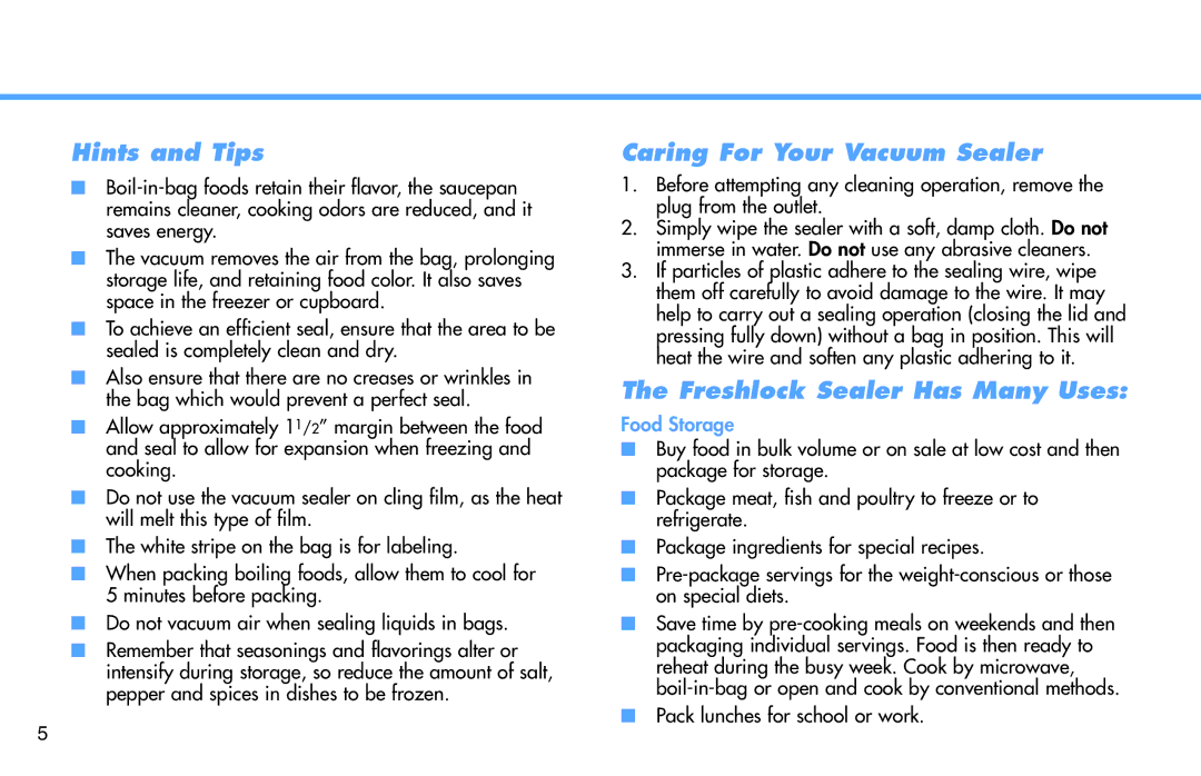 Deni 1331 manual Hints and Tips, Caring For Your Vacuum Sealer, Freshlock Sealer Has Many Uses, Food Storage 