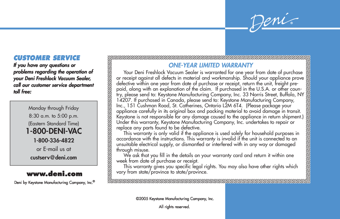 Deni 1331 manual Customer Service, Deni-Vac, One-Year Limited Warranty 