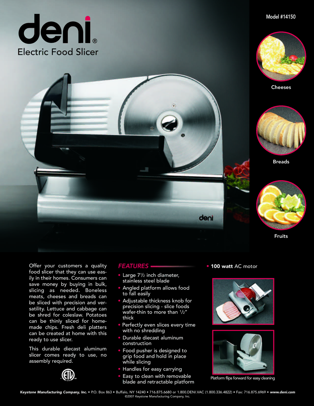 Deni 14150 manual Electric Food Slicer, Features 