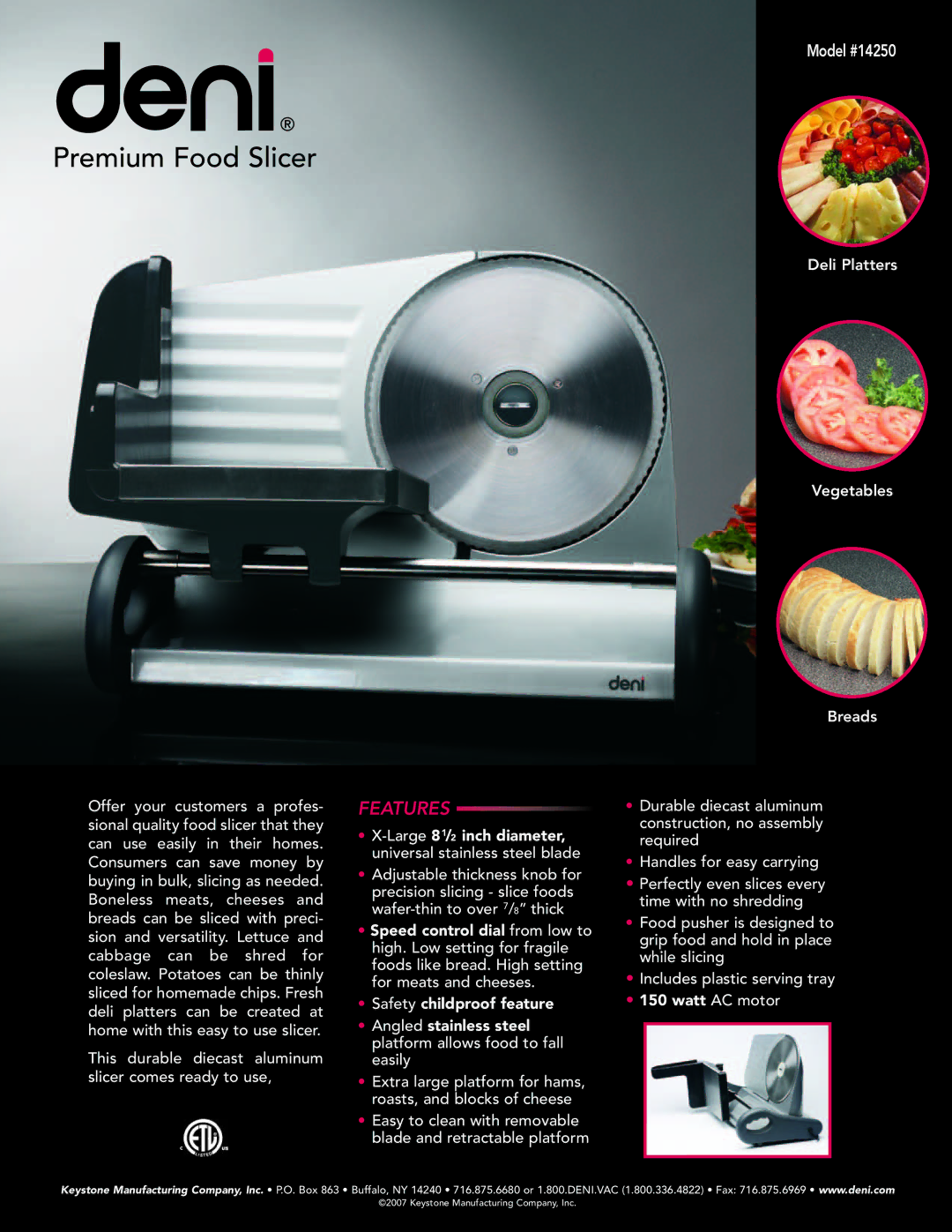 Deni 14250 manual Premium Food Slicer, Features 