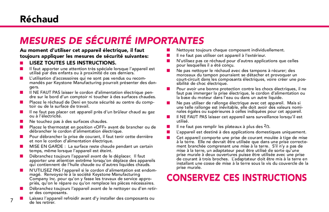 Deni 15130 manual Mesures DE Sécurité Importantes 