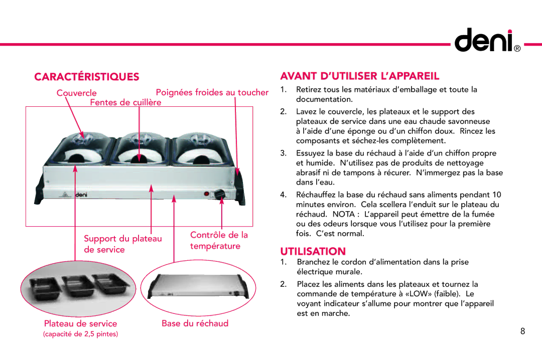 Deni 15130 manual Caractéristiques, Avant D’UTILISER L’APPAREIL, Utilisation 