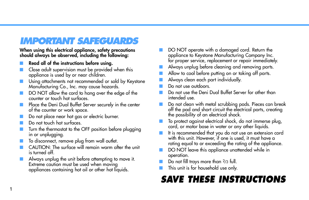 Deni 15200 manual Important Safeguards 