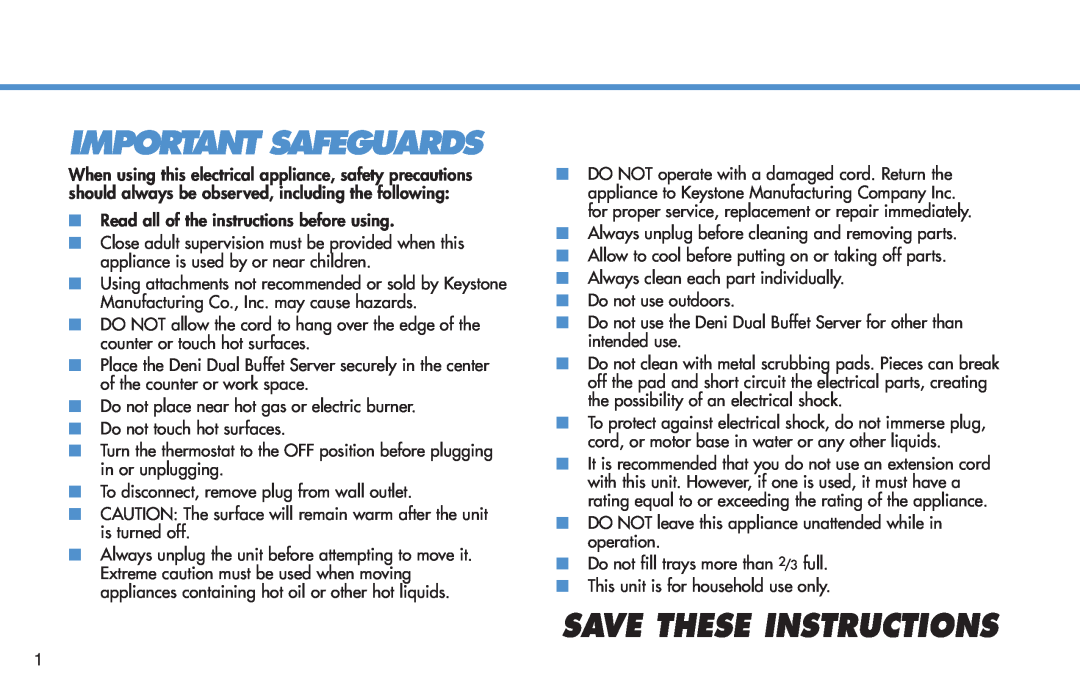 Deni 15200 manual Important Safeguards, Save These Instructions 