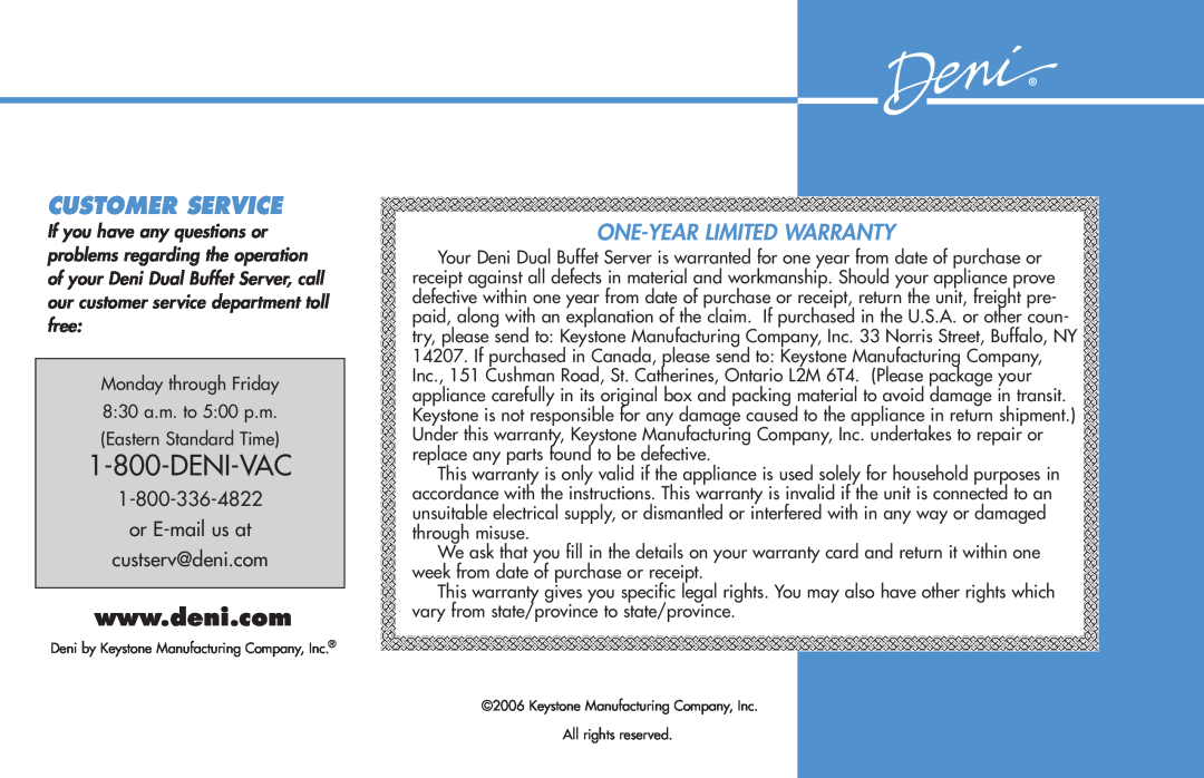 Deni 15200 manual Customer Service, Deni-Vac, One-Year Limited Warranty 