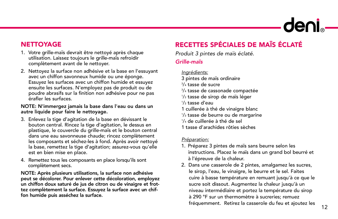 Deni 15400 manual Nettoyage, Recettes Spéciales DE Maïs Éclaté, Grille-maïs 