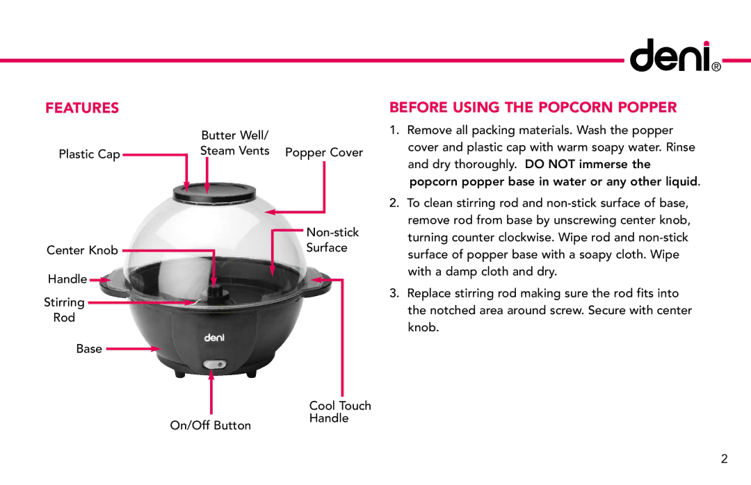 Deni 15400 manual Features, Before Using the Popcorn Popper 