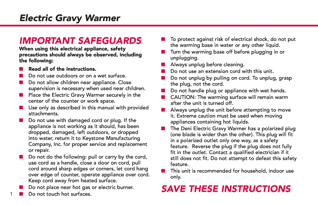 Deni 15500 manual Electric Gravy Warmer, Important Safeguards, Save These Instructions, Read all of the instructions 