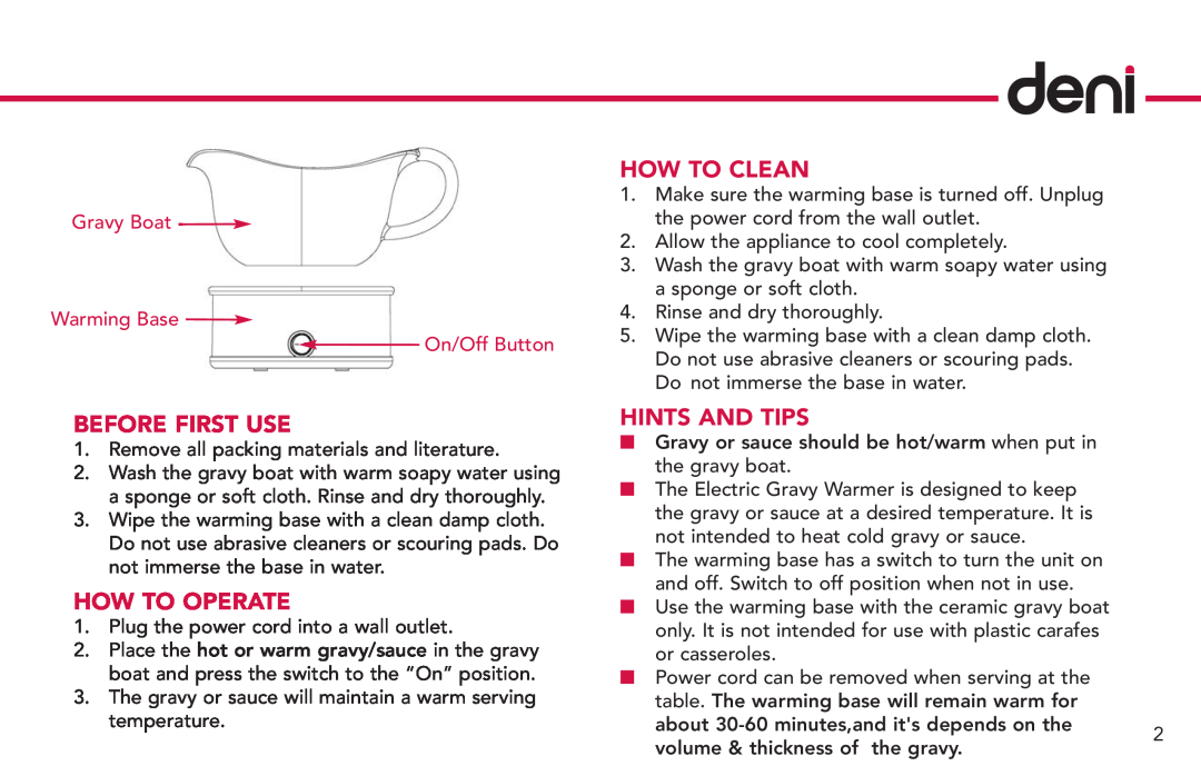 Deni 15500 manual Before First Use, How To Operate, How To Clean, Gravy Boat Warming Base On/Off Button 