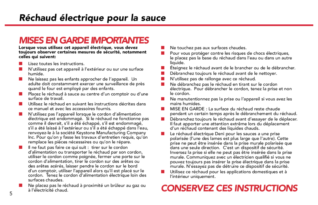 Deni 15501 manual Réchaud électrique pour la sauce, Conservez CES Instructions 