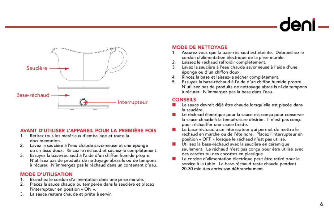 Deni 15501 manual Saucière Base-réchaud Interrupteur 