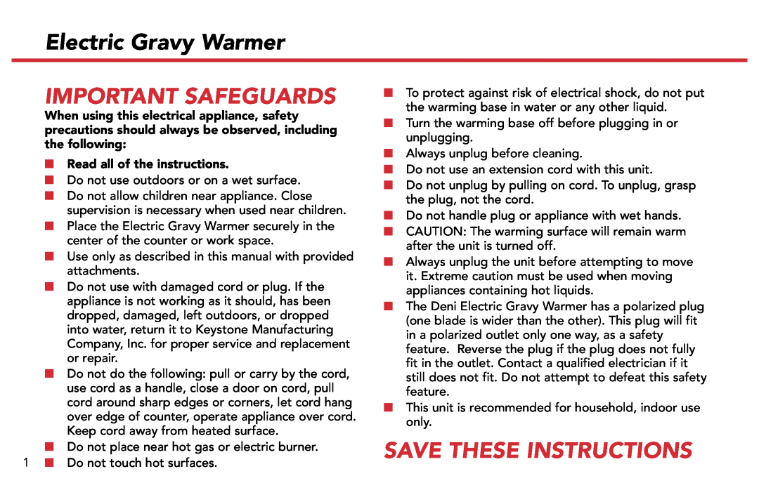 Deni 15501 manual Electric Gravy Warmer, Important Safeguards, Save These Instructions, Read all of the instructions 