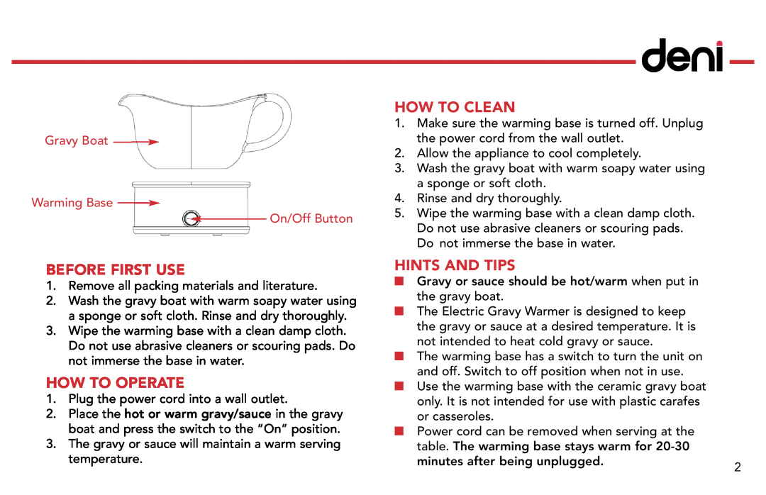Deni 15501 manual Gravy Boat Warming Base On/Off Button, Before First Use, How To Operate, How To Clean, Hints And Tips 