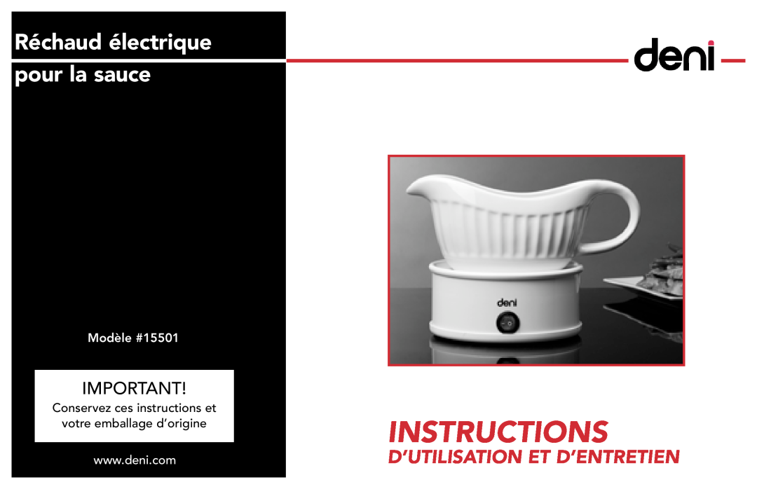 Deni manual Réchaud électrique pour la sauce, D’Utilisation Et D’Entretien, Modèle #15501, Instructions 