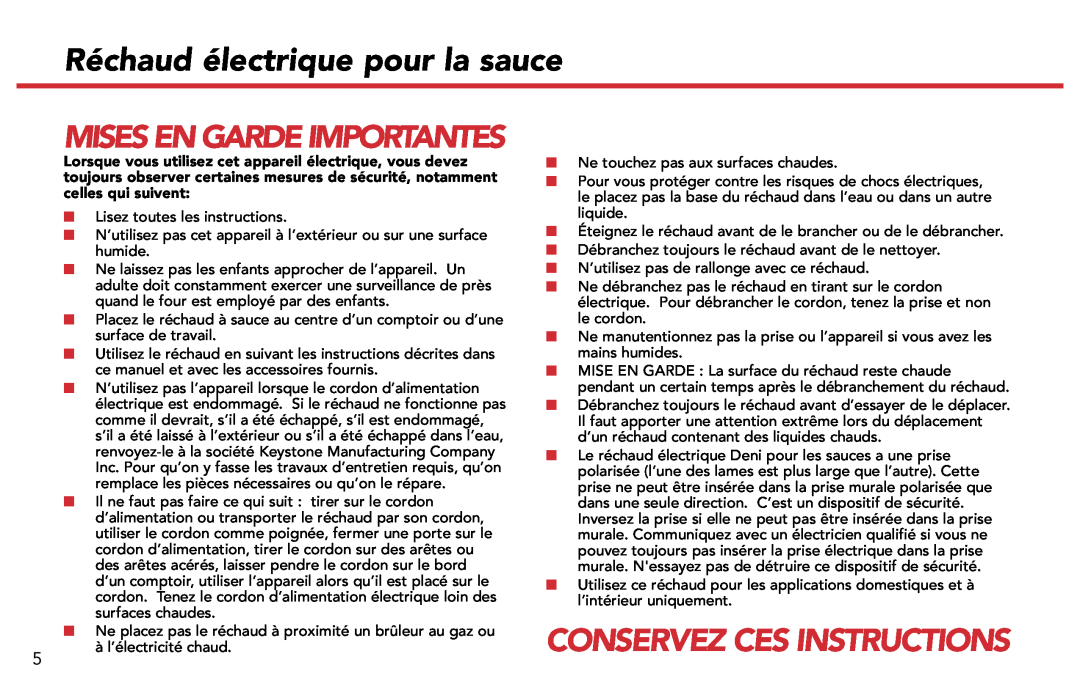 Deni 15501 manual Réchaud électrique pour la sauce, Conservez Ces Instructions, Mises En Garde Importantes 