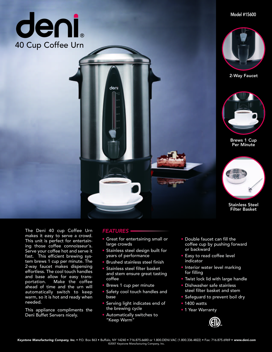 Deni warranty Cup Coffee Urn, Features, Model #15600 