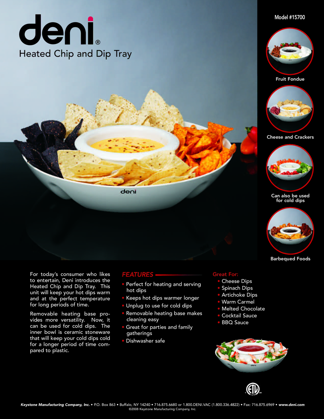 Deni 15700 manual Heated Chip and Dip Tray, Features 