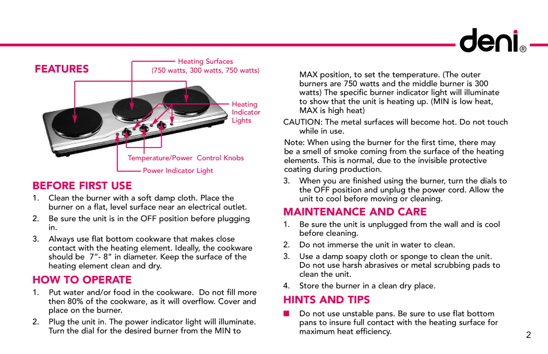 Deni 16300 manual Features 