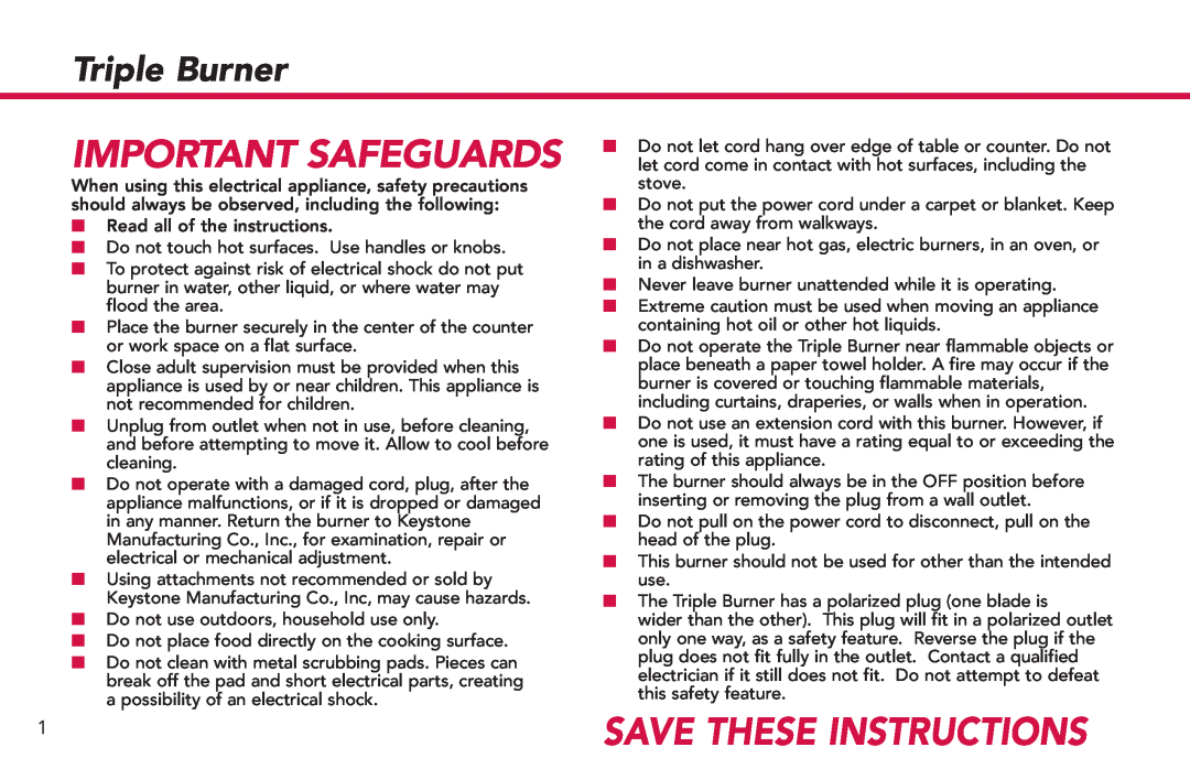 Deni 16300 manual Important Safeguards, Triple Burner, Save These Instructions 