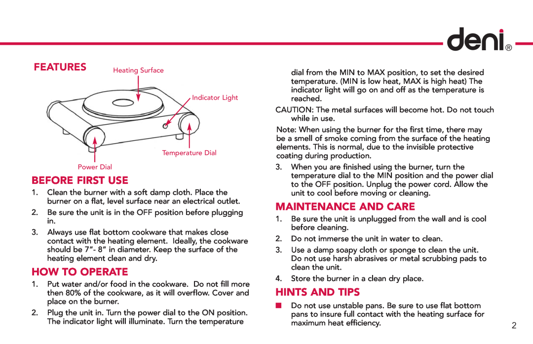 Deni 16310 manual Features, Before First Use, How To Operate, Maintenance And Care, Hints And Tips 