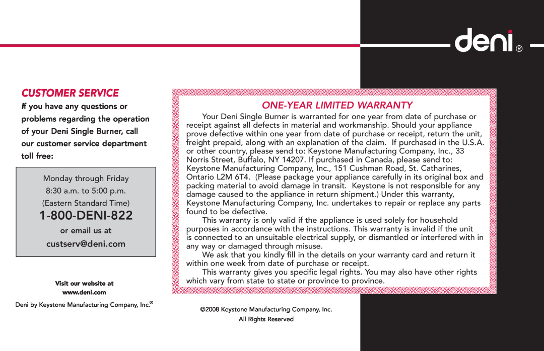 Deni 16310 manual custserv@deni.com, DENI-822, Customer Service, One-Year Limited Warranty 
