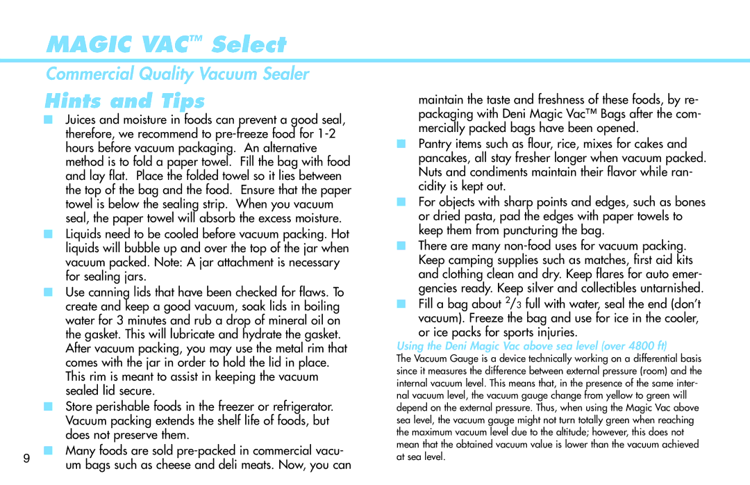 Deni 1715 manual Hints and Tips, Using the Deni Magic Vac above sea level over 4800 ft 