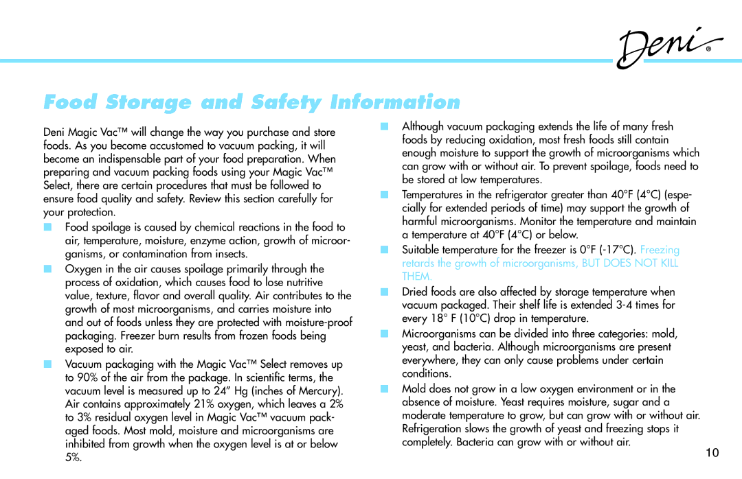 Deni 1715 manual Food Storage and Safety Information 