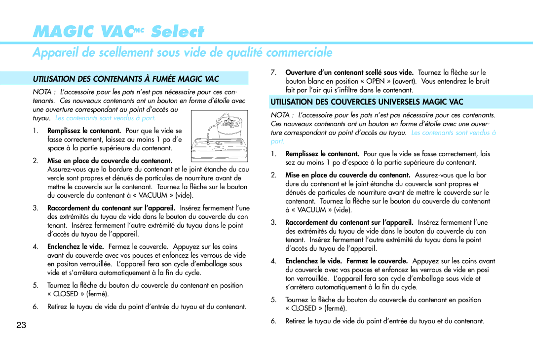 Deni 1715 manual Utilisation DES Contenants À Fumée Magic VAC 