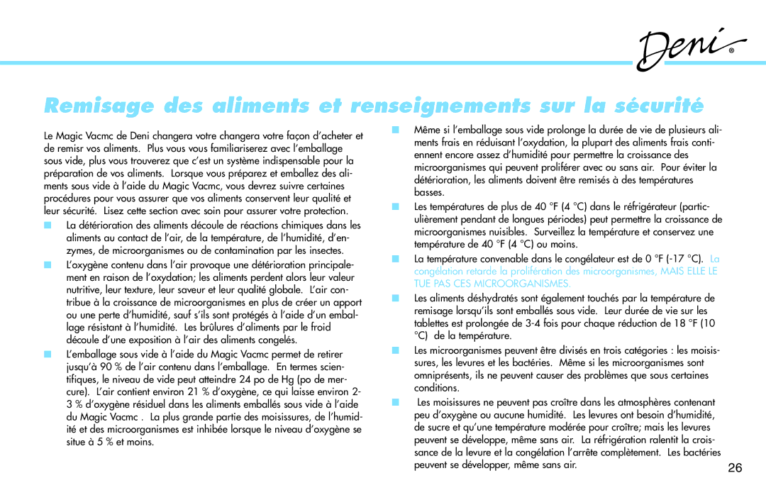 Deni 1715 manual Remisage des aliments et renseignements sur la sécurité 