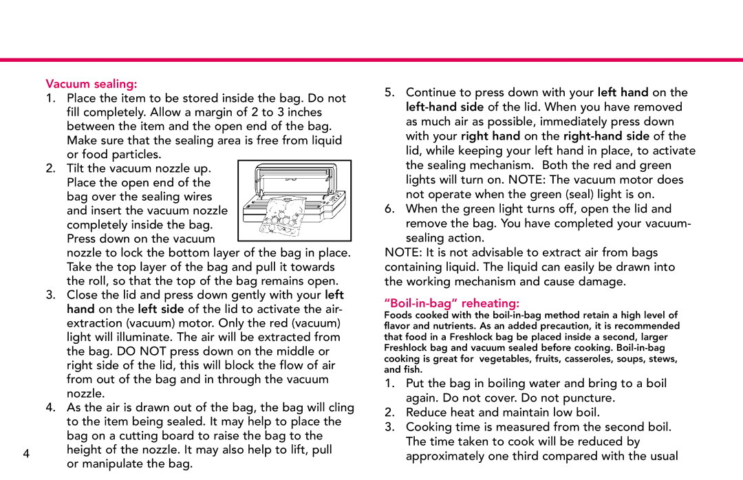 Deni 1831 manual Vacuum sealing, Boil-in-bag reheating 