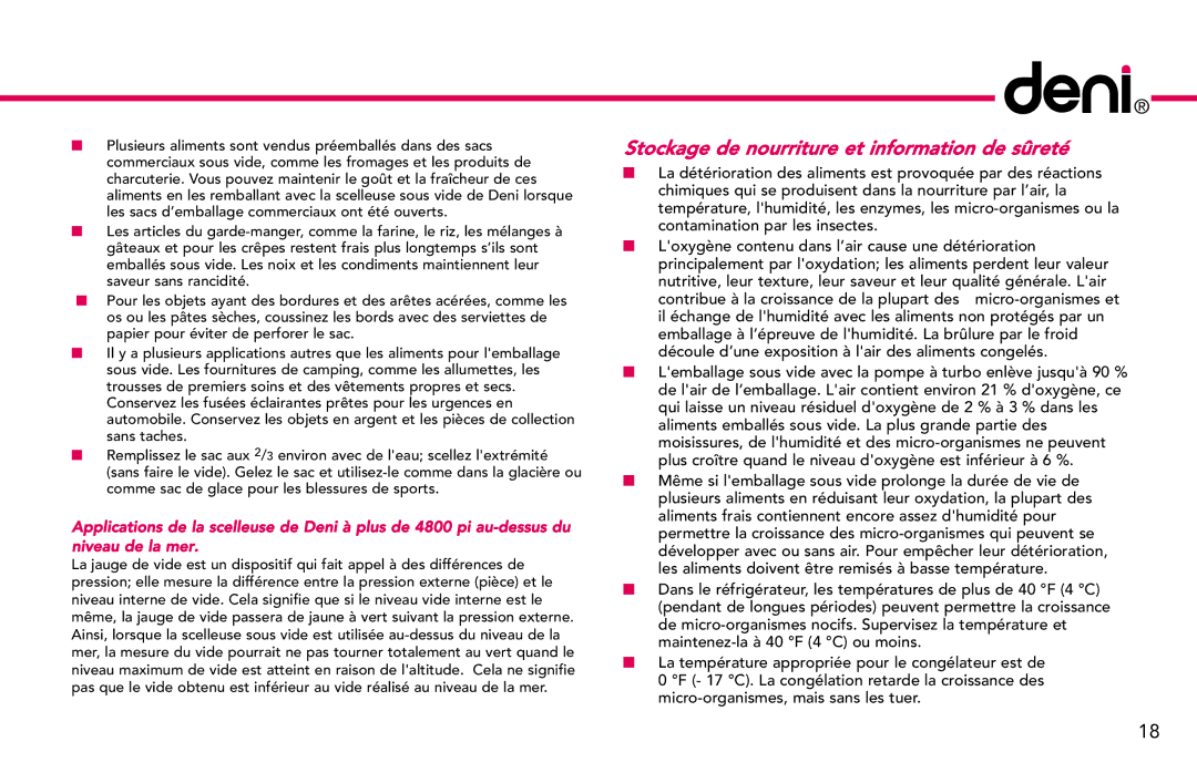 Deni 1910 manual Stockage de nourriture et information de sûreté 