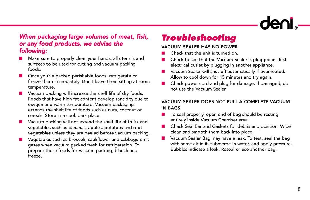 Deni 1910 manual Troubleshooting 