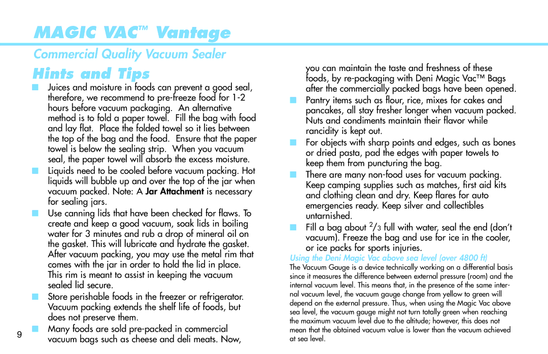 Deni 1940 manual Hints and Tips, Using the Deni Magic Vac above sea level over 4800 ft 