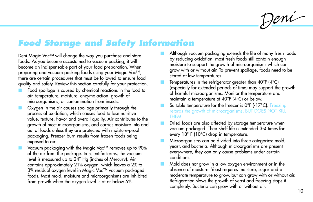 Deni 1940 manual Food Storage and Safety Information 