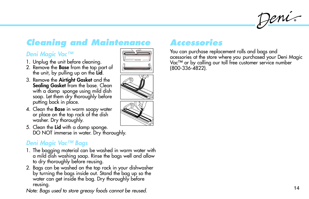 Deni 1940 manual Cleaning and Maintenance, Accessories 