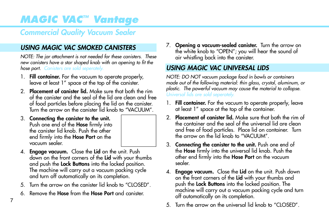 Deni 1940 manual Using Magic VAC Smoked Canisters, Using Magic VAC Universal Lids 