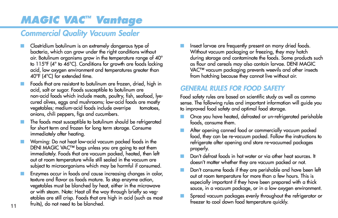 Deni 1940 manual General Rules For Food Safety, MAGIC VAC Vantage, Commercial Quality Vacuum Sealer 