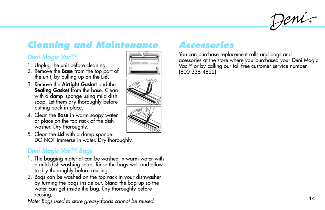 Deni 1940 manual Cleaning and Maintenance, Accessories, Deni Magic Vac Bags 