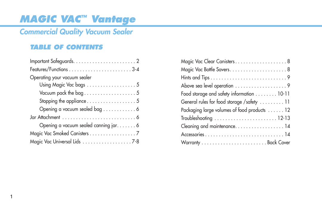 Deni 1940 manual MAGIC VAC Vantage, Commercial Quality Vacuum Sealer, Table Of Contents 