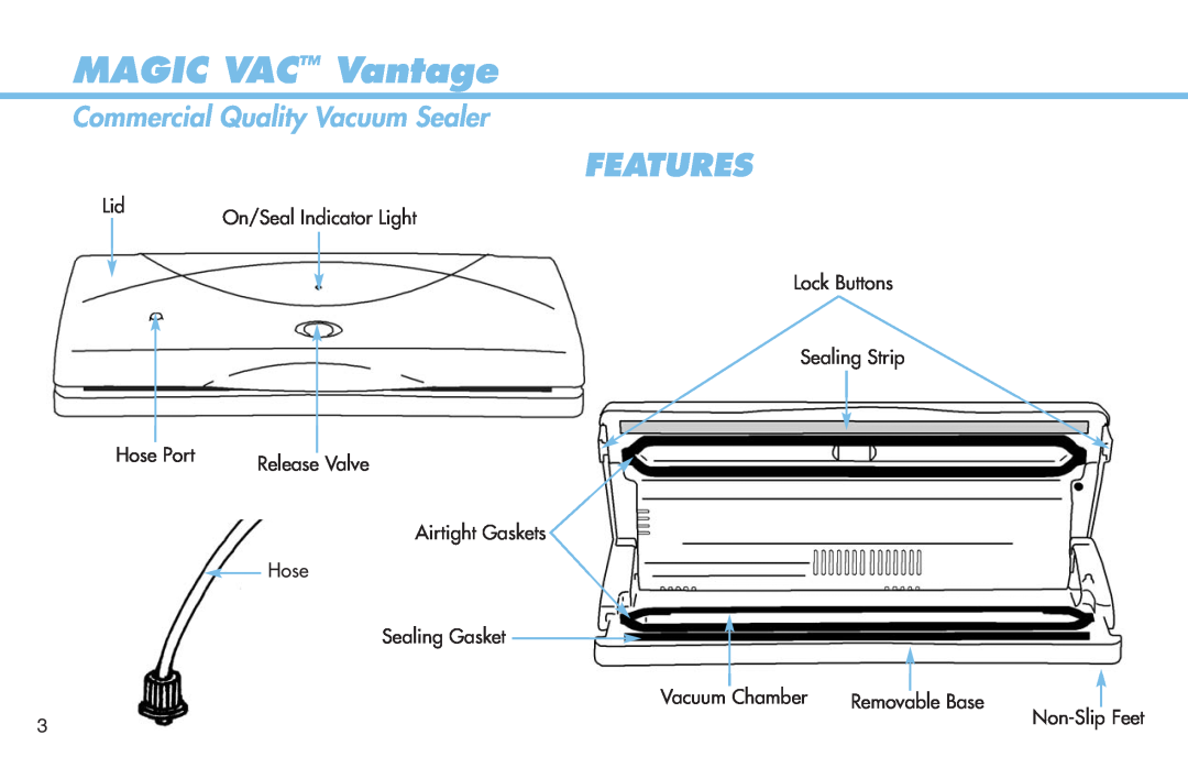 Deni 1940 manual Features, MAGIC VAC Vantage, Commercial Quality Vacuum Sealer 