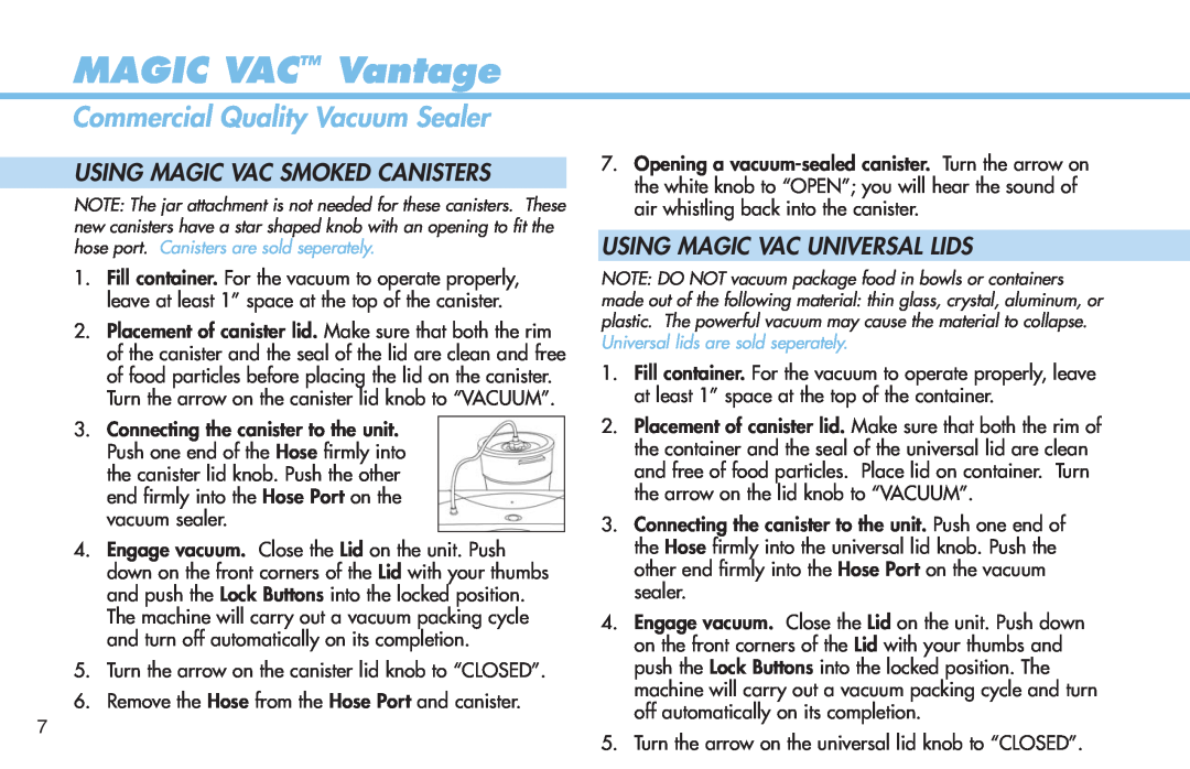 Deni 1940 manual Using Magic Vac Smoked Canisters, Using Magic Vac Universal Lids, MAGIC VAC Vantage 