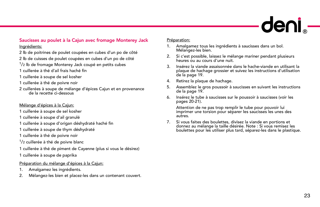 Deni 3301 manual Saucisses au poulet à la Cajun avec fromage Monterey Jack 