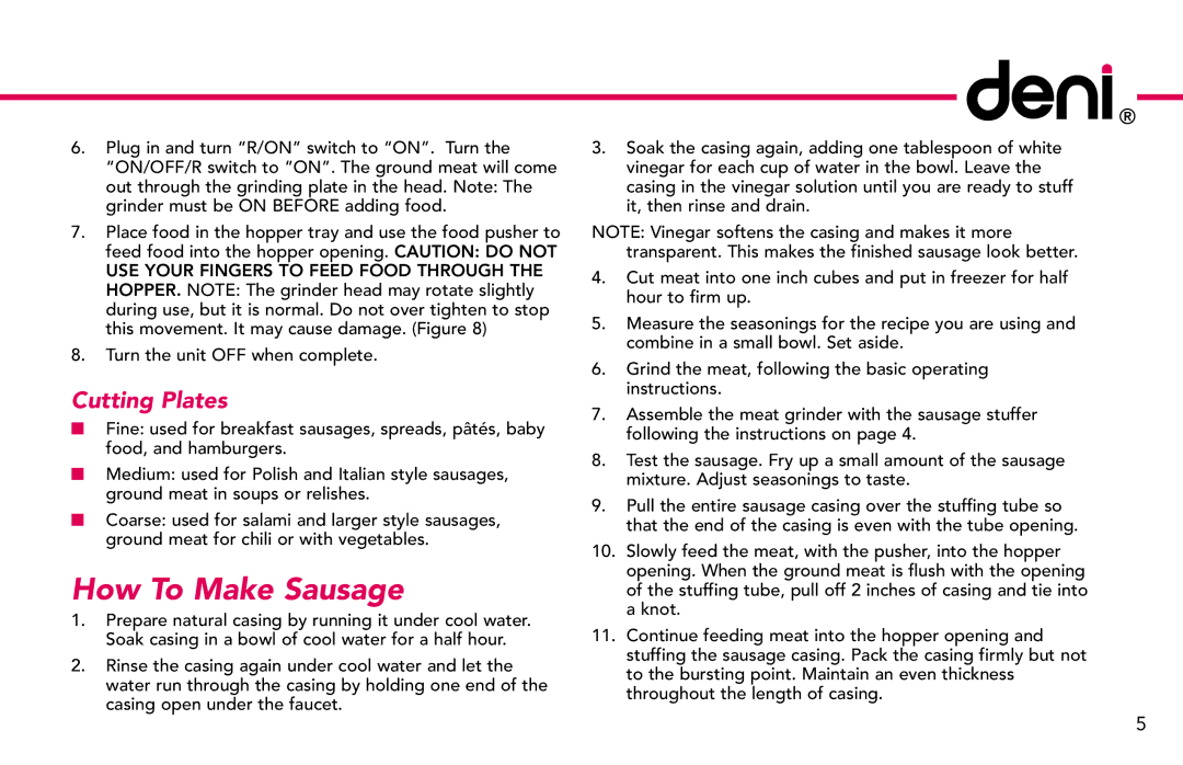 Deni 3301 manual How To Make Sausage, Cutting Plates 