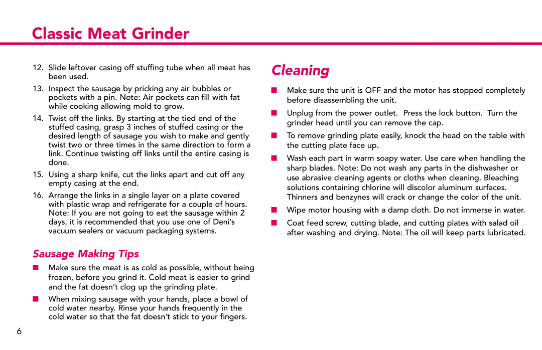 Deni 3301 manual Cleaning, Sausage Making Tips 