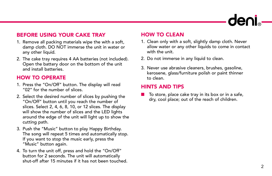 Deni 4100 manual Before Using Your Cake Tray 