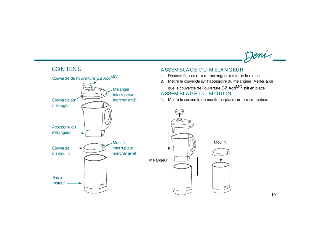 Deni 4200 manual Assemblage DU Mélangeur, Assemblage DU Moulin 
