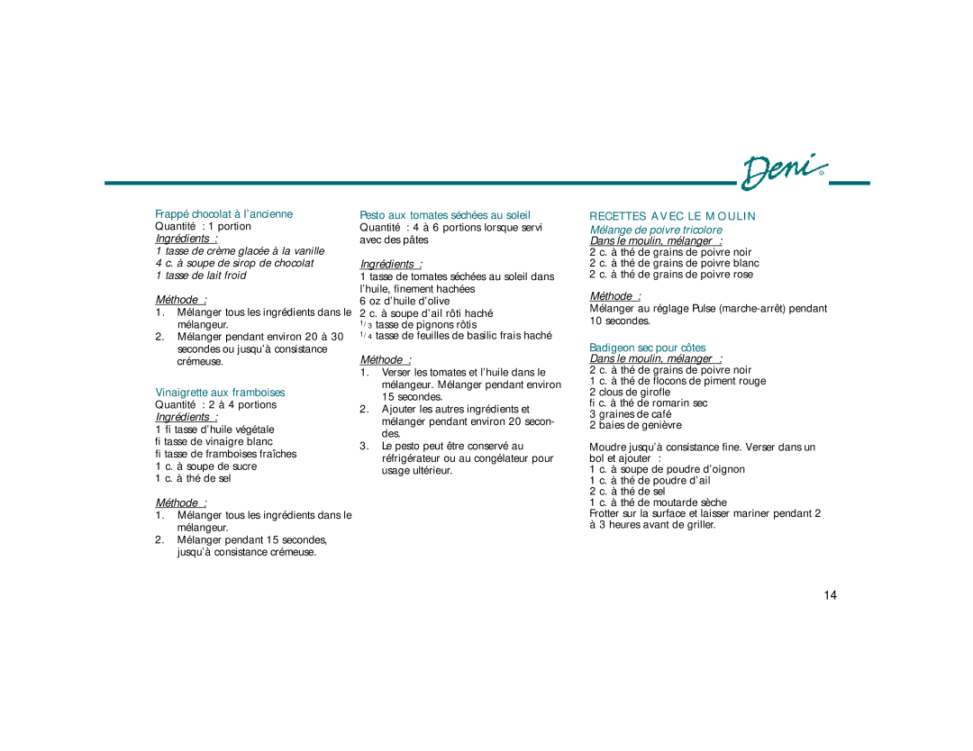 Deni 4200 manual Recettes Avec LE Moulin 