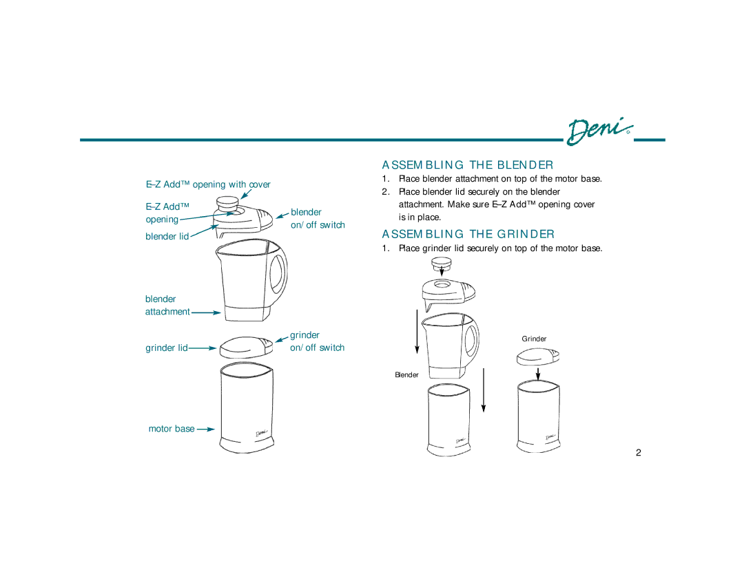 Deni 4200 manual Assembling the Blender, Assembling the Grinder 
