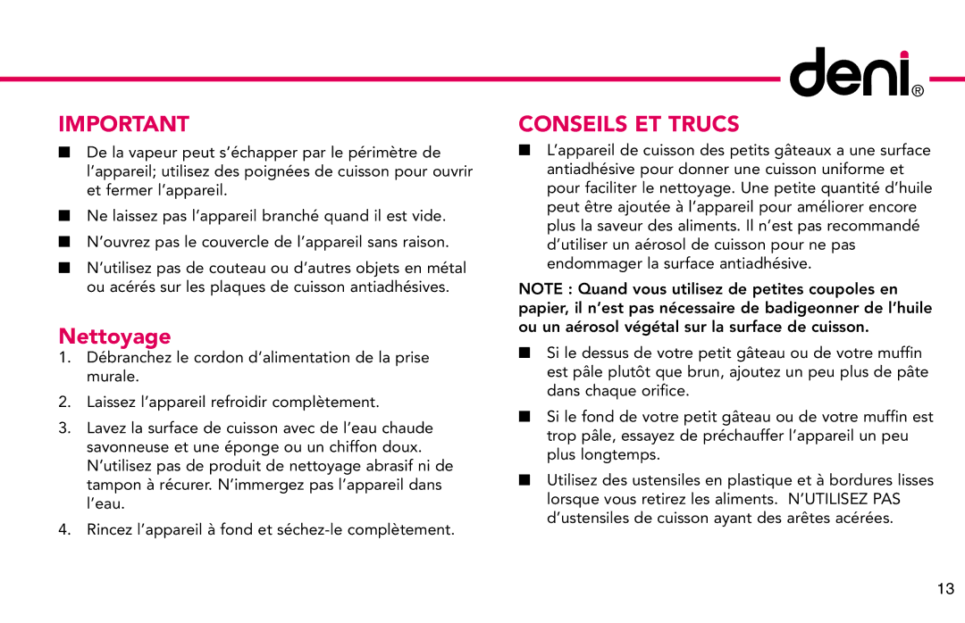 Deni 4832 manual Nettoyage, Conseils ET Trucs 